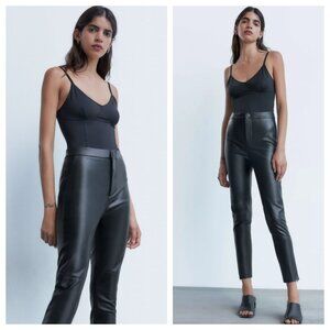NWT Zara Black Faux Leather Raw Edge Ankle High Waist Legging Pants